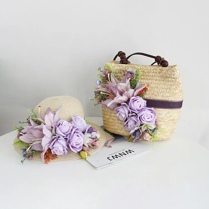 Women Summer Straw Beach Bag Colorful Artificial Flowers Handmade High-end Customized Rattan Fashin Lady Holiday Tote Hat Suit