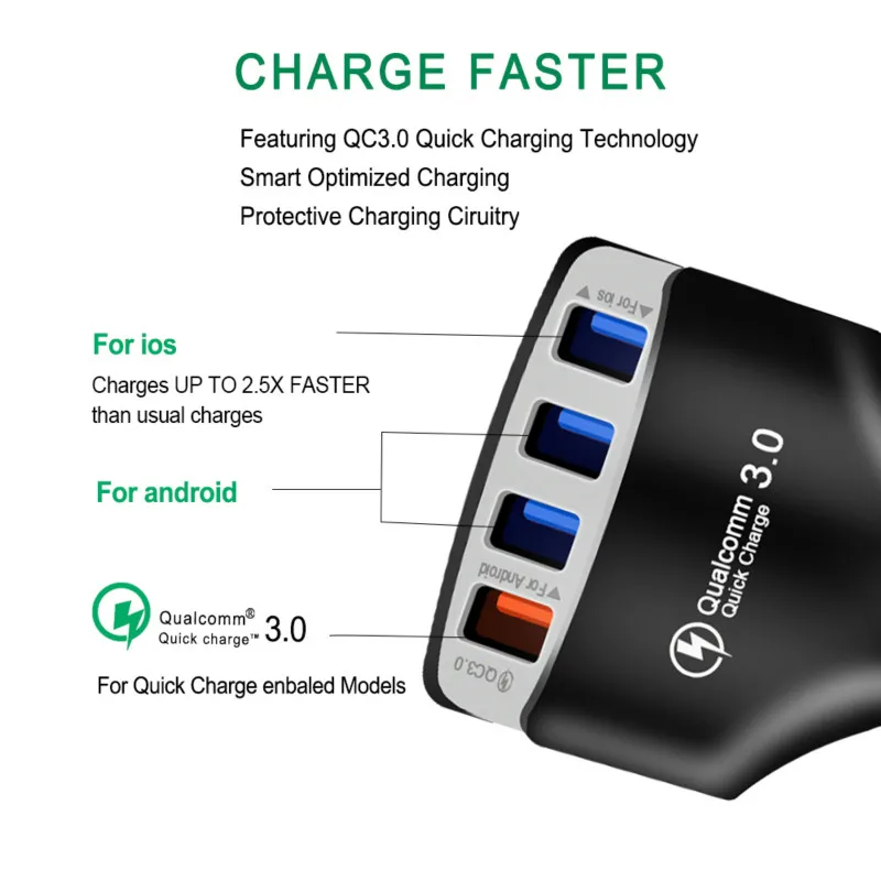 4 разъема USB быстрое зарядное устройство 3 0 автомобильный адаптер для телефона