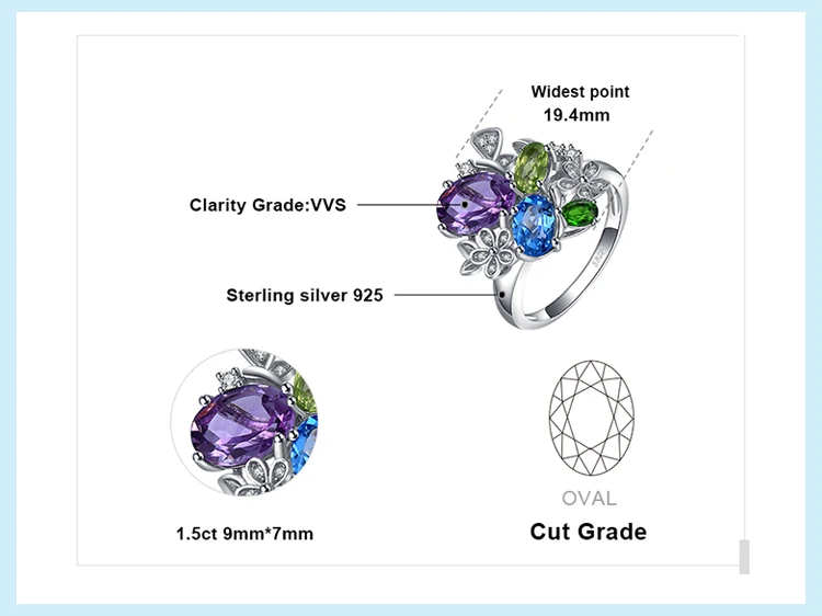 JewelryPalac 2.6ct натуральный аметист диопсид Перидот Топаз Кольцо 925 пробы серебряные кольца для женщин серебро 925 драгоценные камни ювелирные изделия