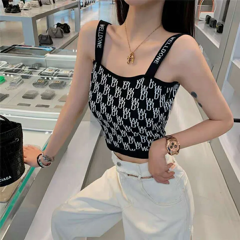 

Lettering Knit Camisole 2021 Summer Women V-Neck Sexy Casual Crop Top Women's Clothing