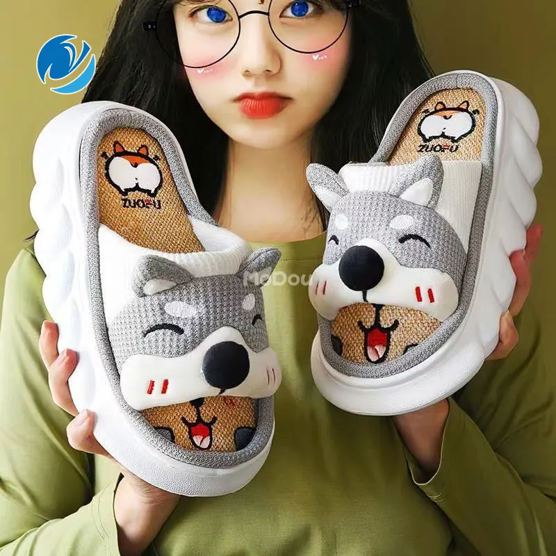 Mo Dou 2022 All Senson Designer Slippers Cute Cartoon Lovely Cat Bedroom Cotton Home Shoes Indoor Thick Sole Couples Men Women