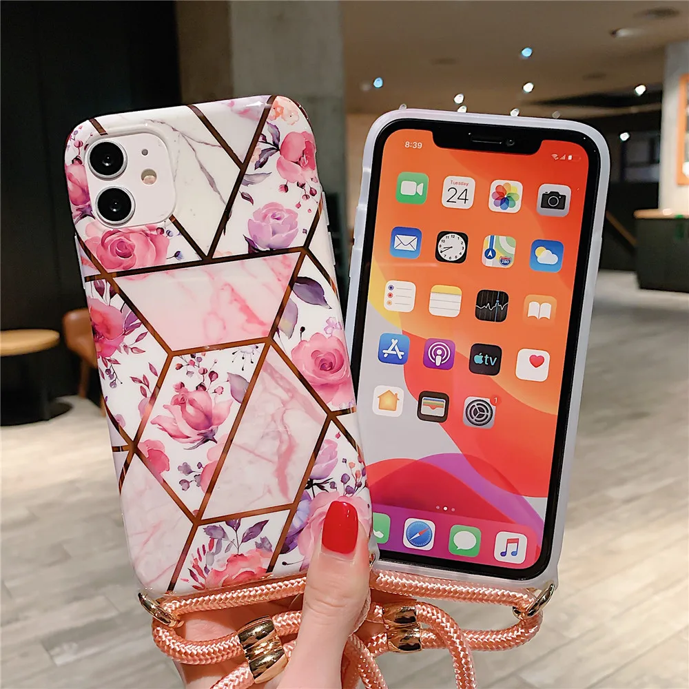 

Fashion Crossbody phone case For iPhone 12 11 Pro XS Max X XR SE 7 8 Plus Luxury printing Geometric Marble pattern soft cover