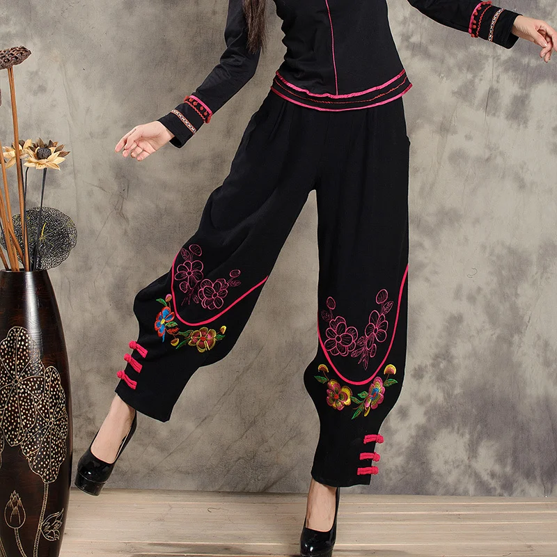 Винтажные длинные черные брюки в мексиканском стиле с вышивкой и широкими