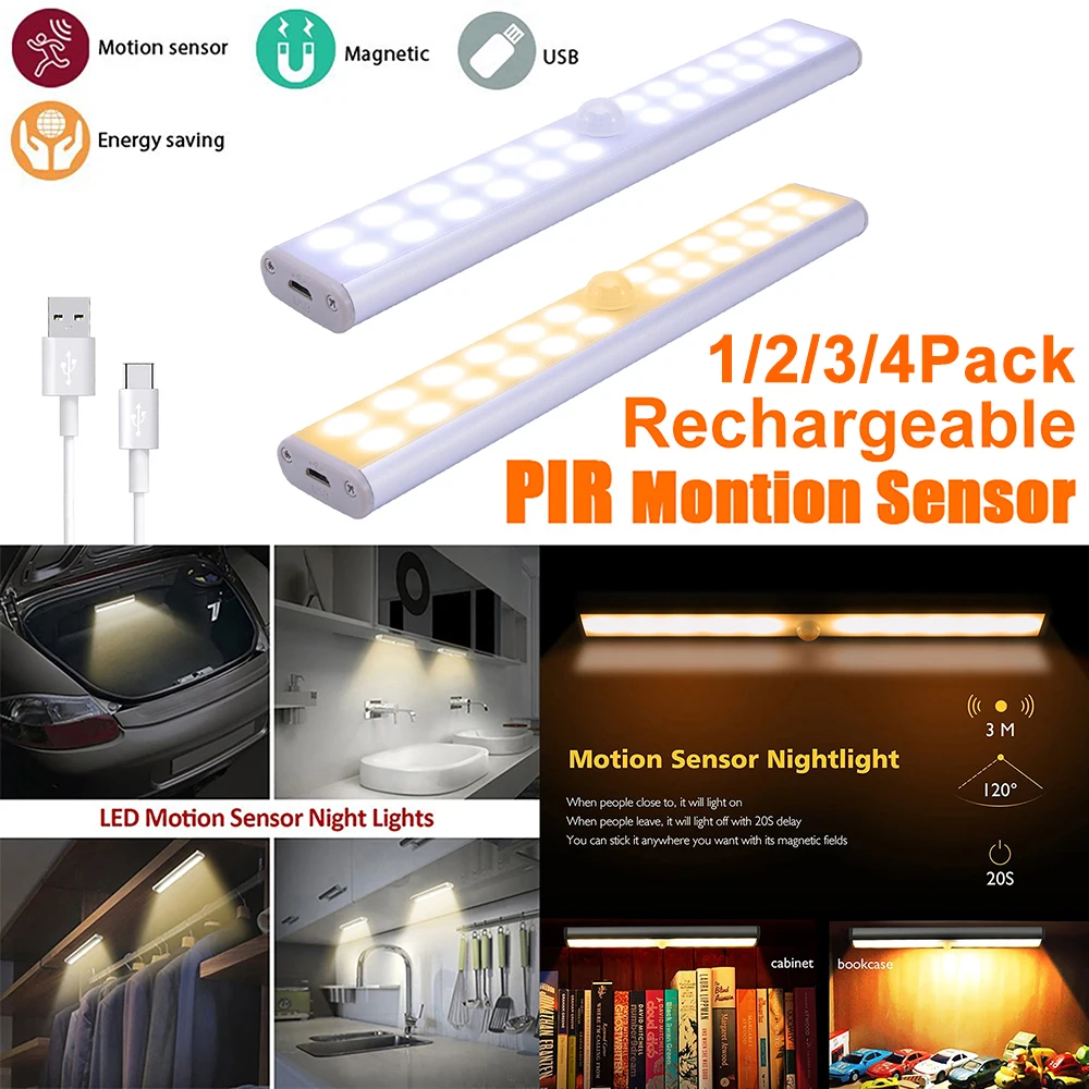 

1/2/3/4 пакеты USB Перезаряжаемые 24 светодиодный s огни движения PIR Сенсор светодиодный шкаф Лестницы Ванная комната освещение ночные светильни...