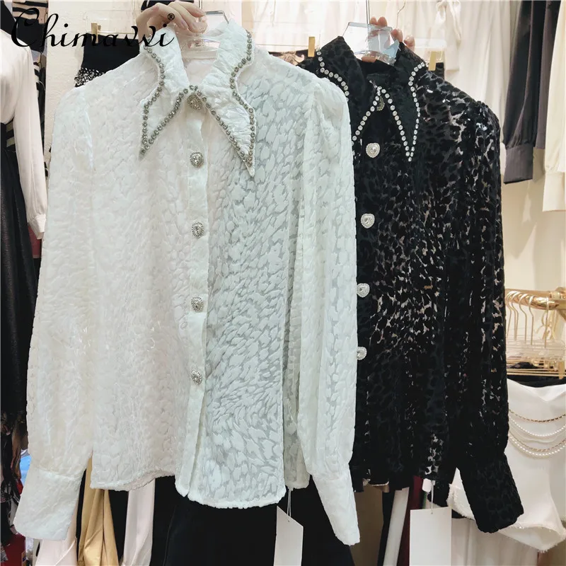 

Exquisite Rhinestone Crescent Pointed Collar Shirt Women's 2021 Autumn Fashion Single Row Love Drill Buckle Long Sleeve Blouse