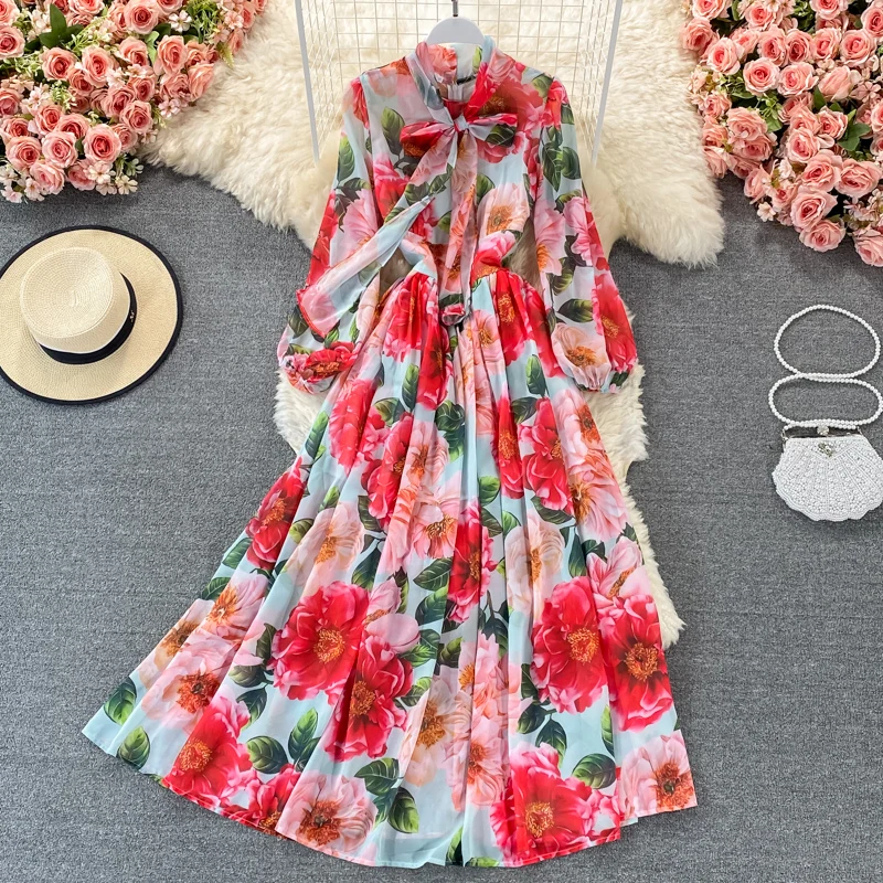 

Elegant Women's Runway Designer Full Sleeve Bow Collar Floral Chiffon Long Maxi Dress Spring Autumn Bohemian Party Robe Femme
