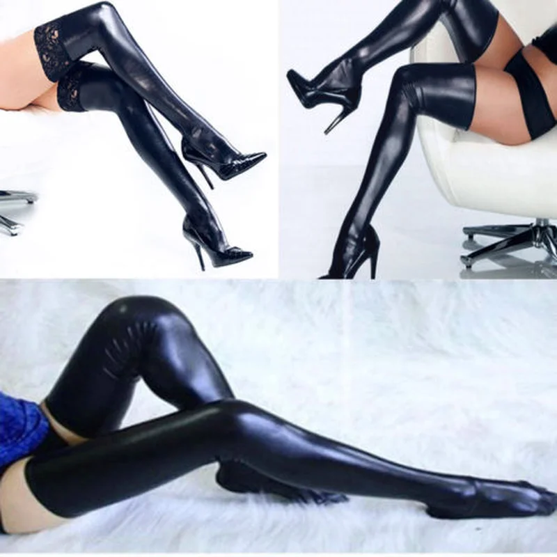

Sexy Lingerie Stockings Women Lace Patchwork PU Leather Long Stocking Over Knee Thigh High Stockings