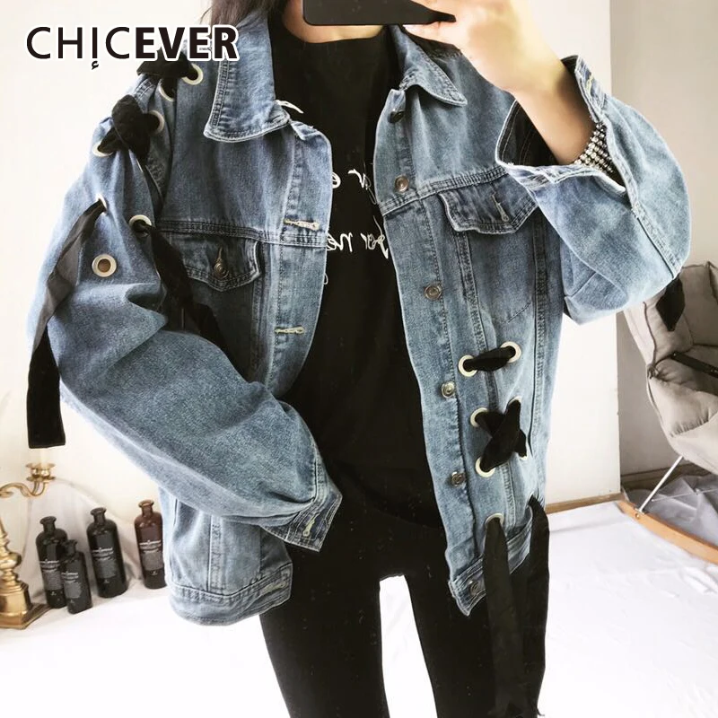 

CHICEVER джинсовые жакеты для женщин, с отложным воротником, длинный рукав, из кусков, бандаж, свободные синие хит Цвет Дизайнерские Пальто Женс...