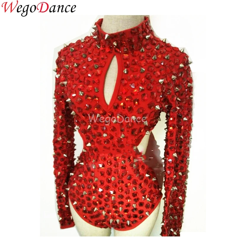 

New Women Red Rhinestones Rivet Long Sleeve Bodysuit Sexy Singer Dance Costume