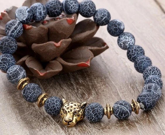 

Эластичная нить 8 мм, молитвенный браслет рейки будды для йоги cg243, регулируемые черные обручальные бусины, агат, голова леопарда