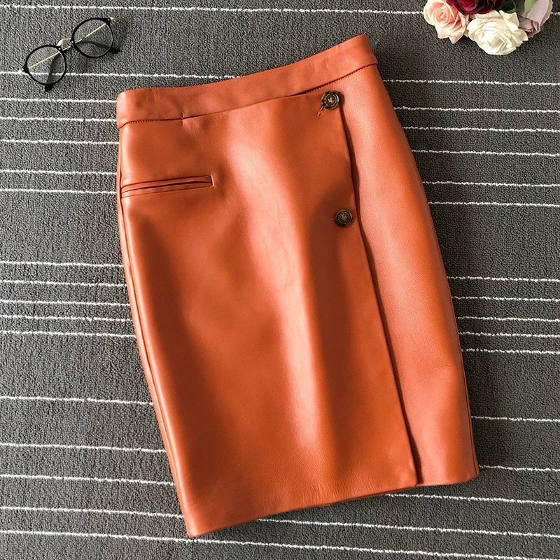 

Legitimate leather skirt of sheep skin, feminine, autumn, knee height, fair, wrap, office, solid color, elegant