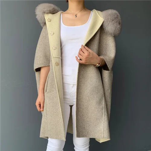 Cream white Новые осенние Для женщин Шерстяное пальто уличная длинная верхняя одежда, в Корейском стиле, куртка из натуральной кожи Большие размеры Лисий меховой воротник кашемирвое пальто женское - Цвет: Cream white