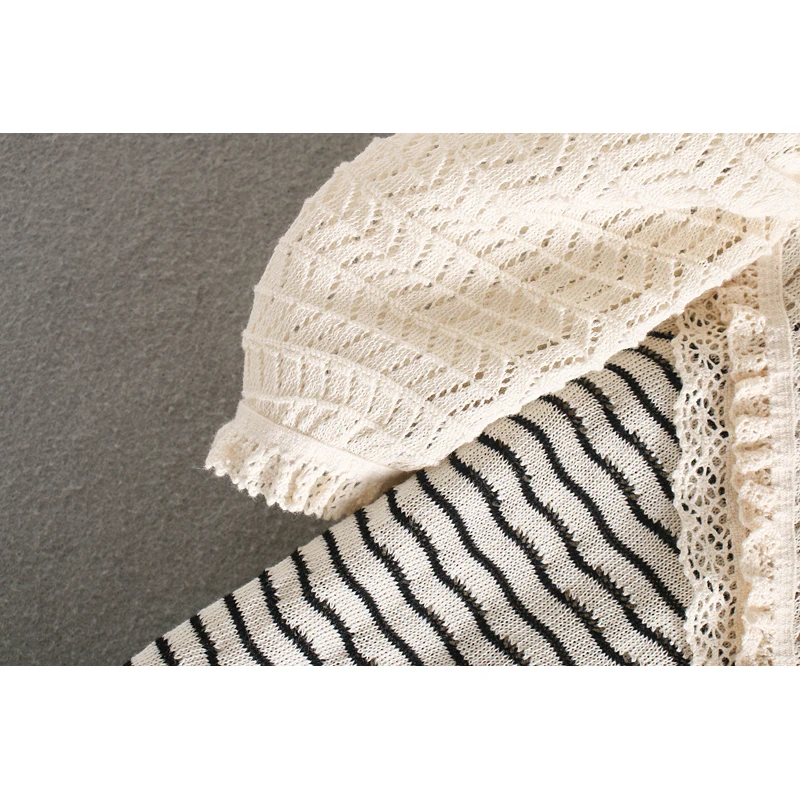 

Fashion Za Women Sweaters 2020 Sweet Stripe Ruffles Neck Casual Puff Sleeve Loose Knitting Pullover Sweater Jumper Tops