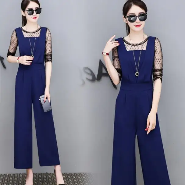 2020 Summer Women Lace Patchwork Chiffon Jumpsuit Female Hollow Out Slim Strap Playsuit Elegant Wide Leg Loose Rompers AE921 | Женская