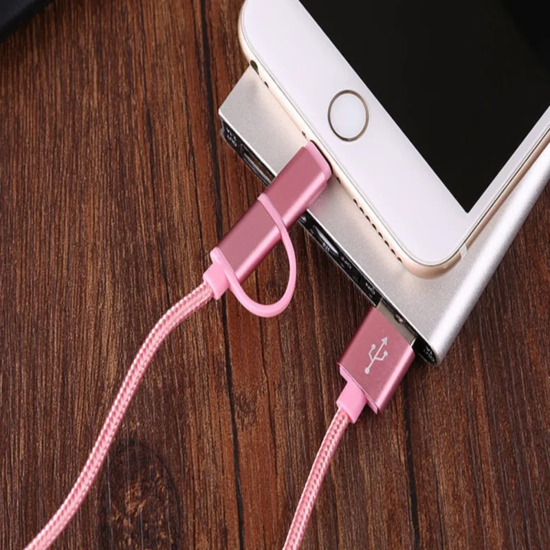 2 в 1 Многофункциональный зарядный кабель Micro 8 Pin нейлоновый плетеный для iPhone м |