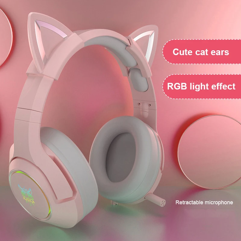 

Новый продукт K9 розовые кошачьи уши милая девушка игровая гарнитура с микрофоном ENC шумоподавление HiFi 7,1 каналов RGB проводные наушники