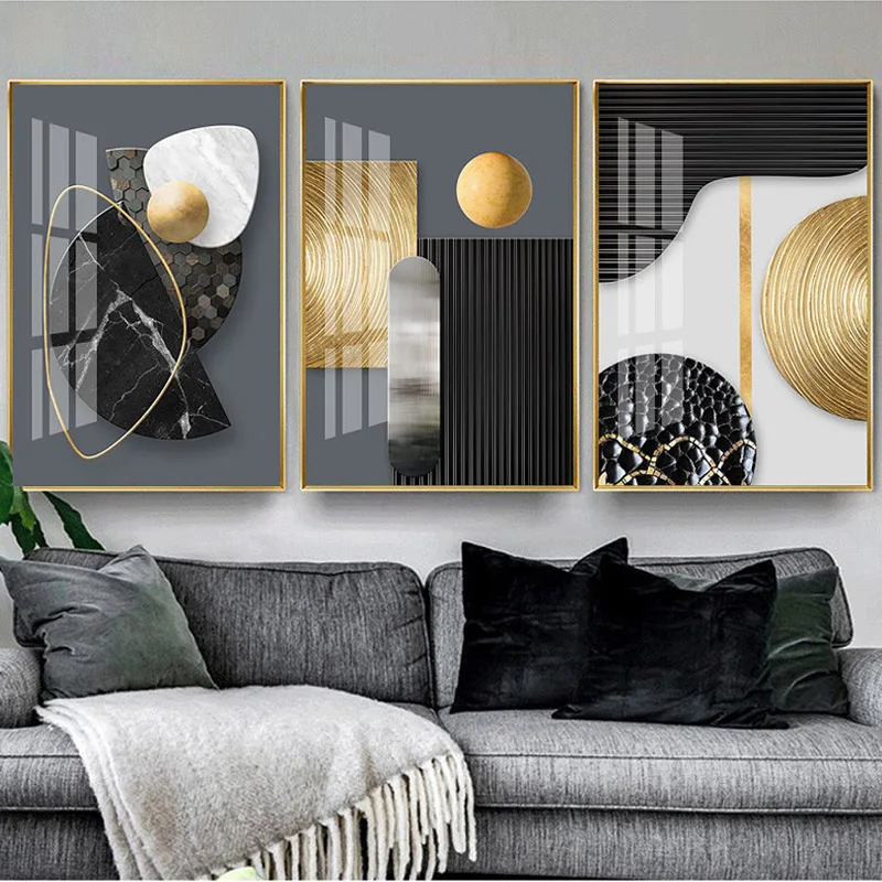 

Abstract Black Marble Texture Canva Painting Posters Aesthetic Room Decor Modern Gold Geometric Lines Pictures For Wall Prints