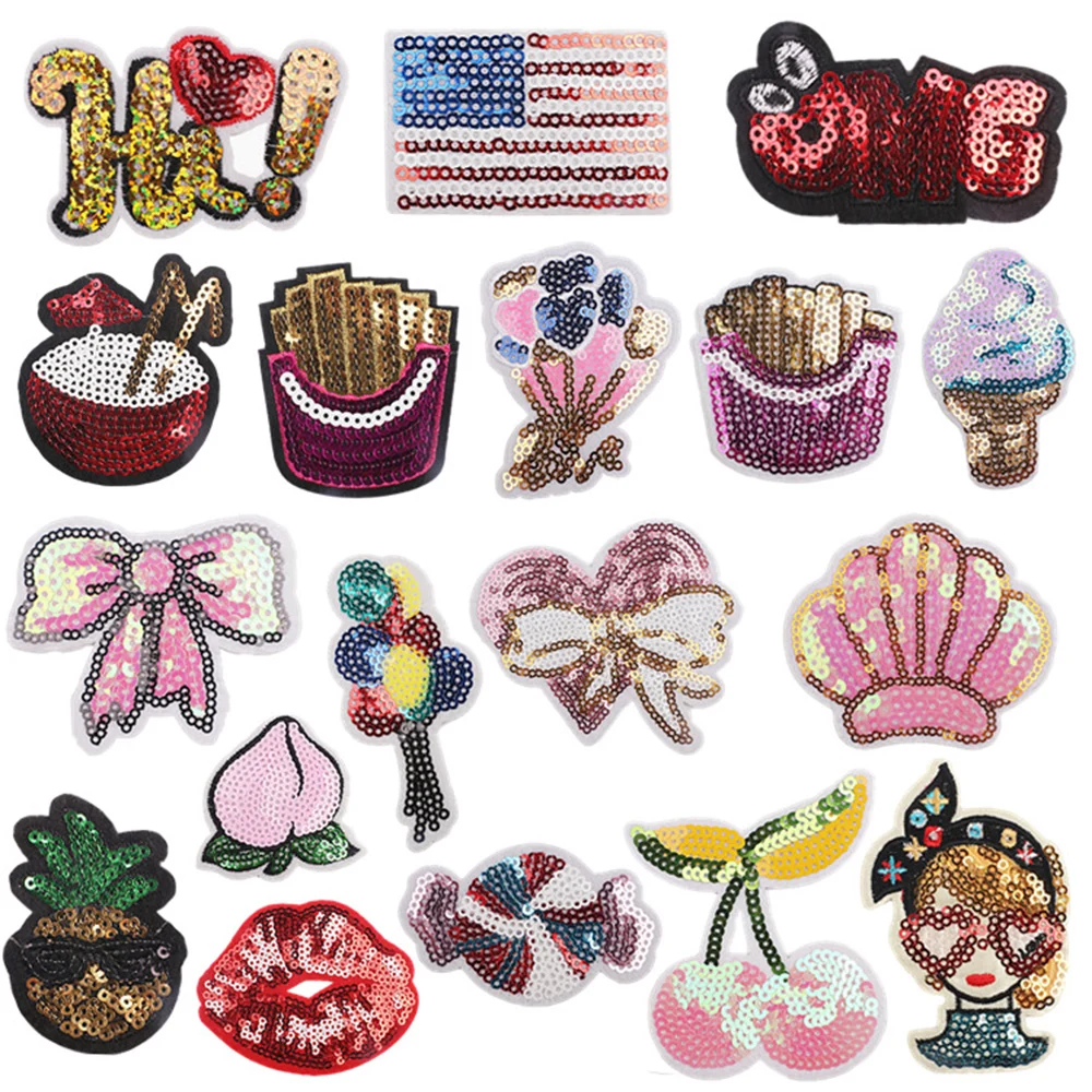 

18pcs Sequined Embroidered Cloth Patch With Bow English Letter Patch Lip Sequin Embroidery Label Cherry Badge