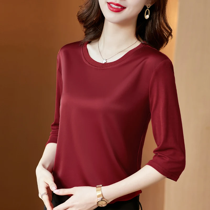 

Summer Korean Fashion Silk T-shirts for Women Vintage Satin Tops for Women Long Sleeves Plus Size XXXL Office Lady Shirts