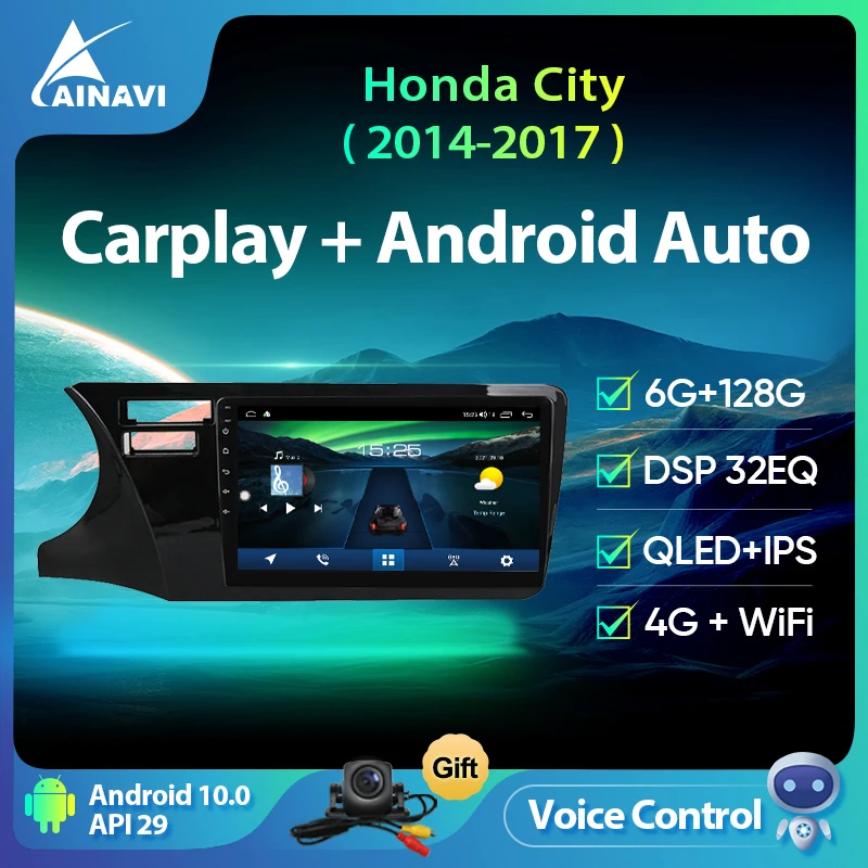 

Ainavi Android 10.0 Car Radio 8 Cores 6+128G QLED For Honda City 2014-2017 Multimedia Player Navigation DSP 32EQ Carplay 4G GPS