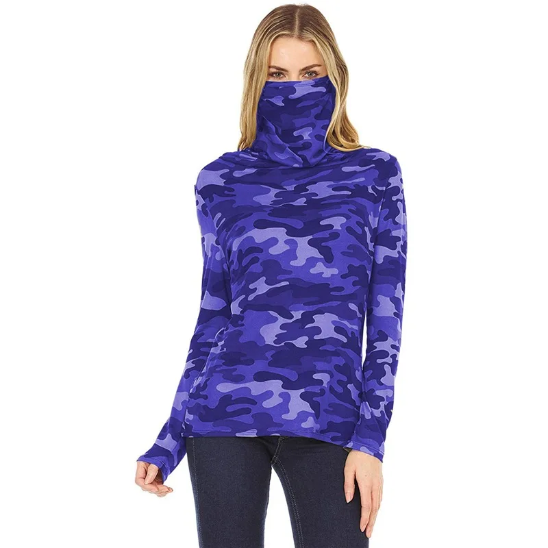 

Camouflage Print Women T Shirt With Mask Spring Autumn Turtleneck Windproof Tops Fashion Female Facemask T Shirt
