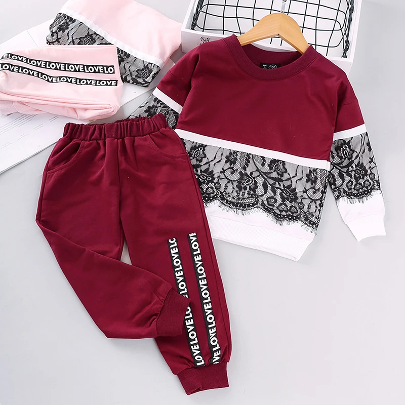 

Girl’s Long-sleeved Trousers Suit Sweet Lace Stitching Pullover T-shirt and Letter Elastic Long Pants 2020 New Arrivals