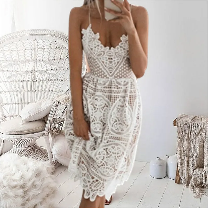 

Sexy Deep V Neck Backless Lace Dresses Women Vintage Flroal White Beach Summer Dress Boho Ladies Party Vestidos Long Robe