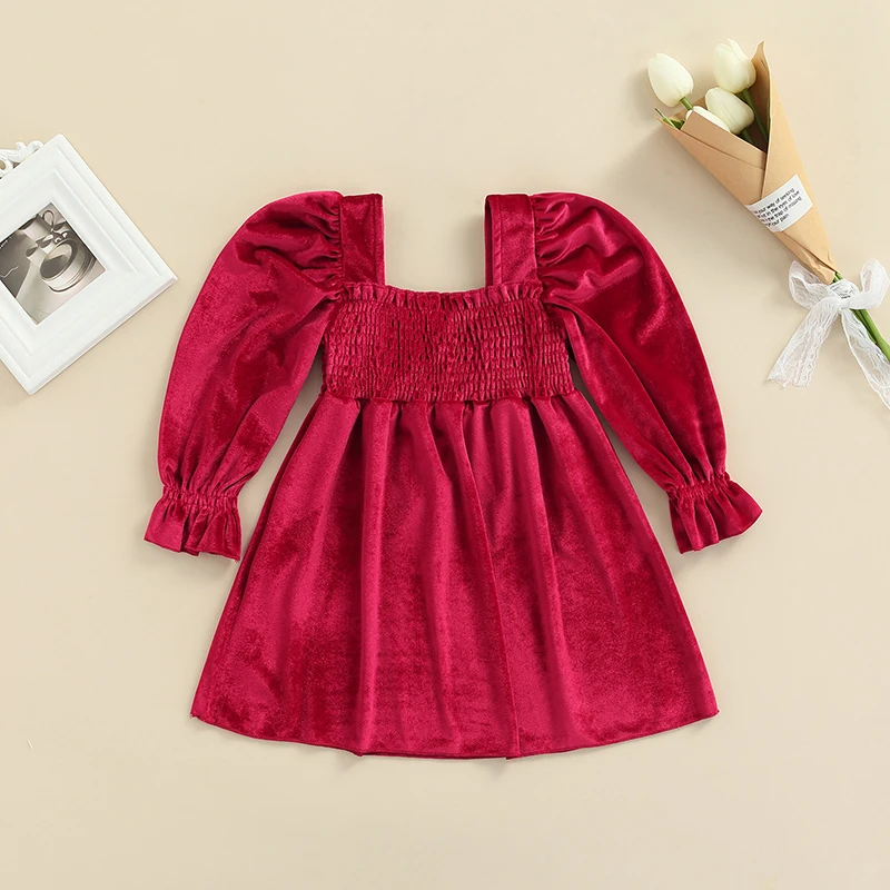 

Toddler Kids Baby Girl Velvet Dress, Long Sleeve Solid Color Frill Smocked A-Line Dress 2-7T