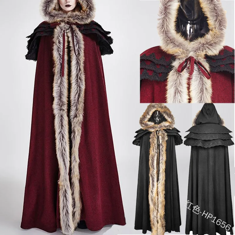 

Ponchos and Capes Women Court Retro Temperament Fur Hood Sleeveless X-Long Solid Winter Throw Blanket Lugentolo