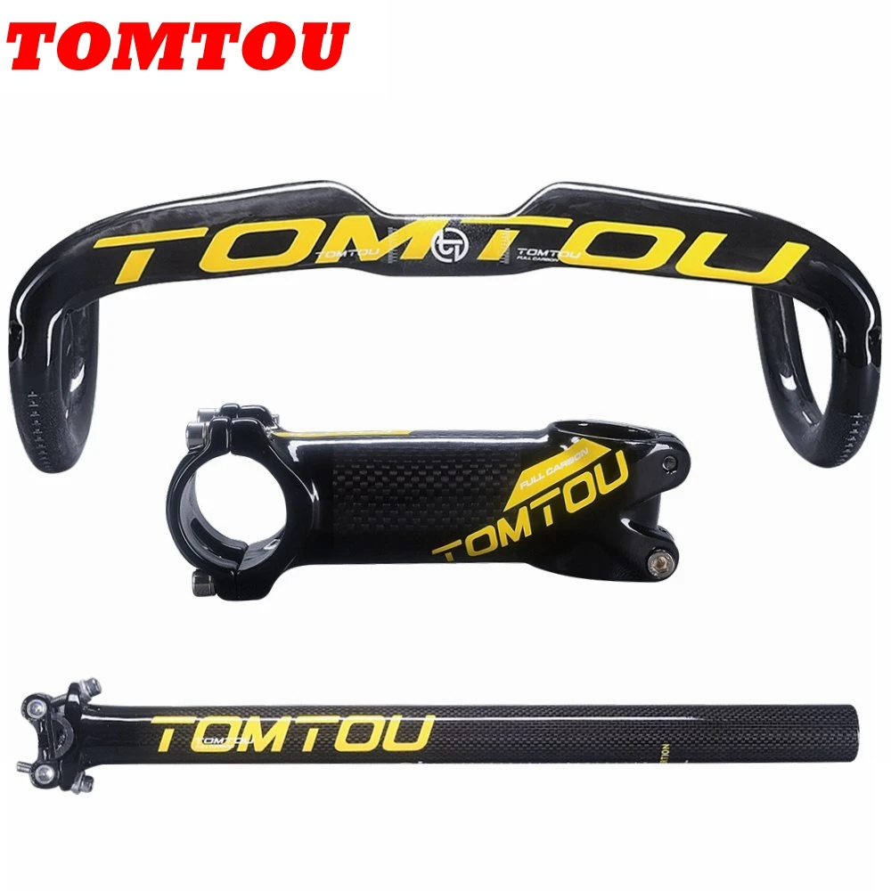 

TOMTOU Carbon Fibre Bike Road Aero Handlebar + Seatpost + Stem Cycling Road Bent Bar Bicycle Drop Bars Glossy Yellow - TY8T25