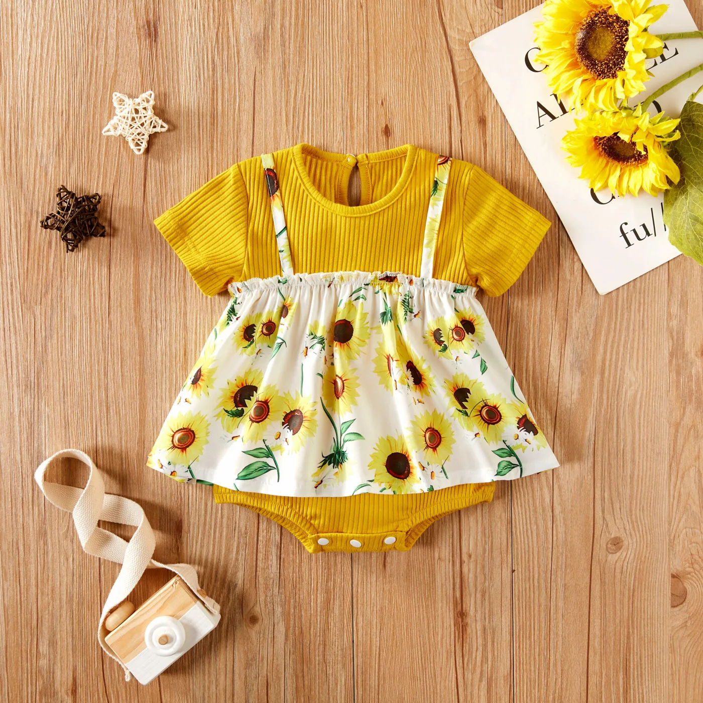 

0-24M Infant Short Sleeve Romper Baby Girls Sweet Style Sunflower Printing Suspender Skirt Jumpsuit for Travel Vacation