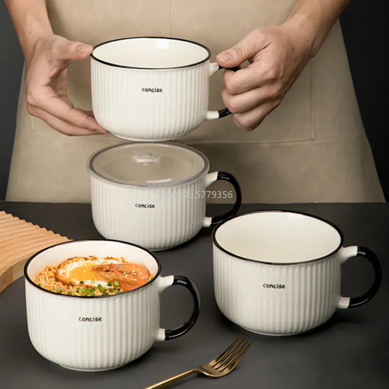 

Simple Design Ceramic Instant Noodle Bowl with Lid Japanese-style Instant Noodle Cup Canteen Lunch Box for Student Dormitory