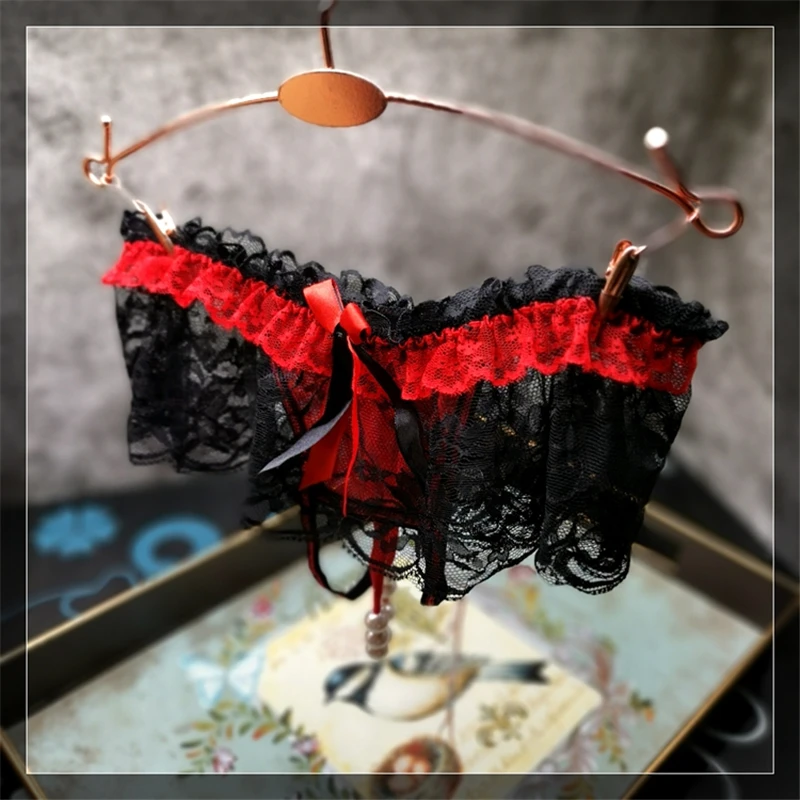 

New Bownot Lace Ruffles Briefs Panties Sexy Breathable Transparent Beading Thong For Women