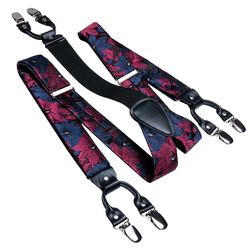 

Hi-Tie Luxury Vintage Fashion Wedding Suspenders and Bow Tie Set for Men Leather Metal 6 Clips Silk Red Blue Floral Braces Men