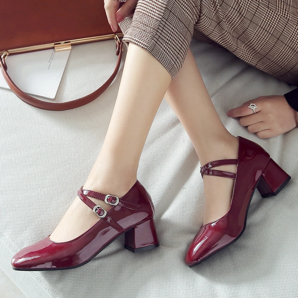 

Karinluna 2020 New Arrival On Sale women shoes Elegant Square Toe Buckle Straps Shallow Mary Jane Chunky Heels Pumps