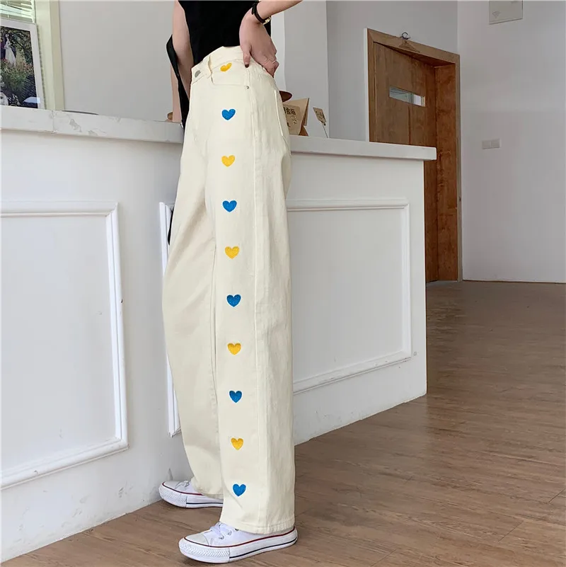 

Korean Harajuku Washed Cargo Casual Denim Jeans High Waist Vintage Heart-shaped Embroidery Loose Straight Trousers For Female