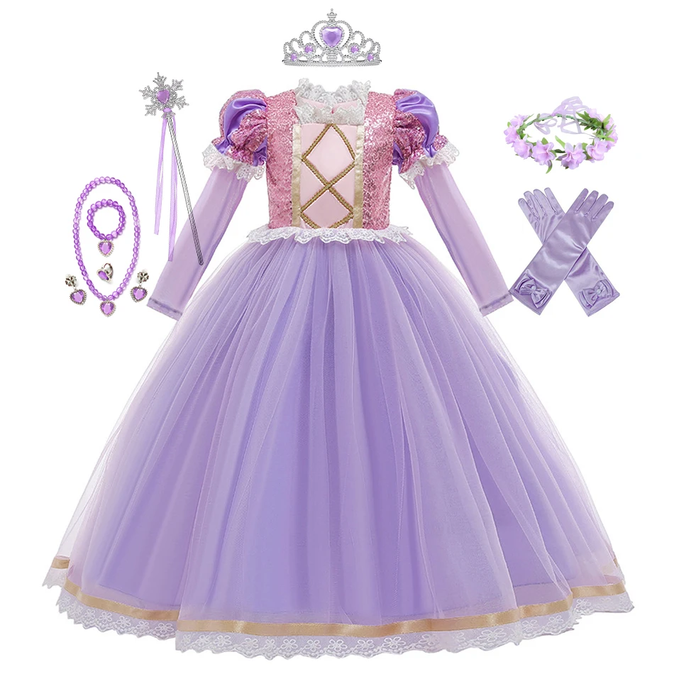 

Girls Rapunzel Dress Princess Sofia Cosplay Costume Kids Fancy Sequins Purple Luxury Tangled Dresses Halloween Party Ball Gown