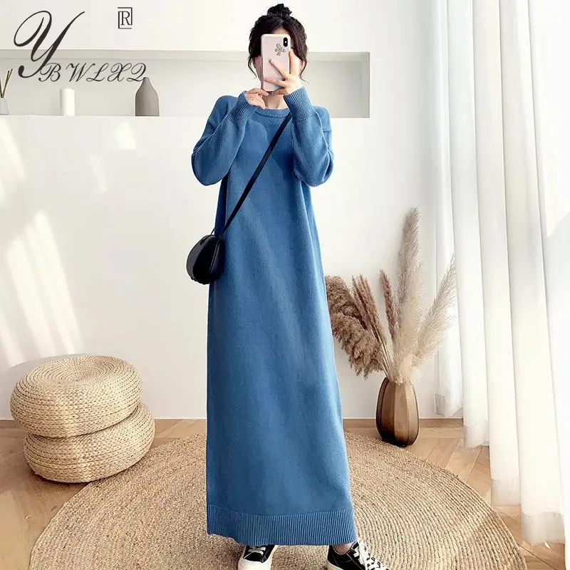 

Maxi Dresses For Women 2021 New Loose Warm Puller Casual Long Sweater Autumn Winter Solid O-Neck Long Sleeve Knitted Dress