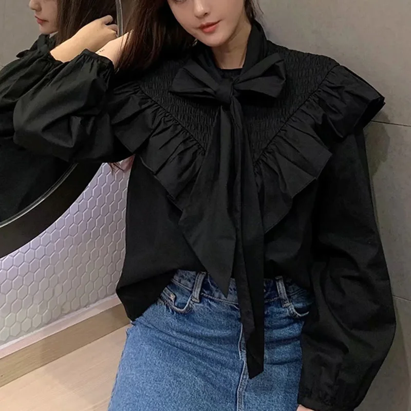 

Весна-Осень 2020, черная блуза с бантом, Повседневная Свободная блузка с длинным рукавом и оборками, уличная одежда