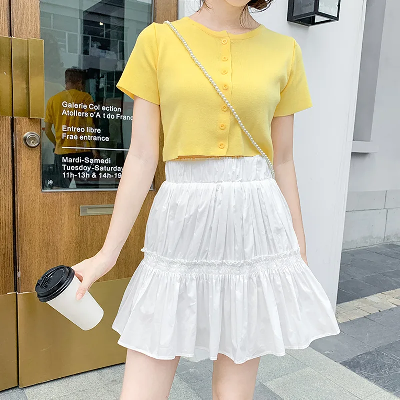 

2020 solid color pendulum pleated vintage white mori series high waist slim A- line wrinkled summer small skirts for women