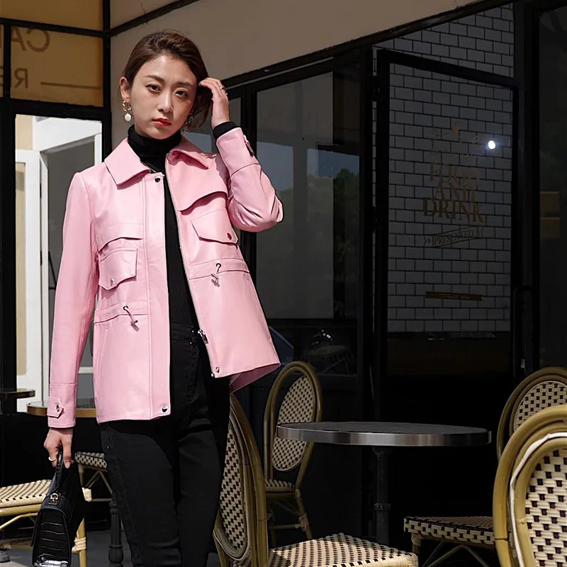 Popular Autumn Spring New Fashion Genuine Leather Jacket Cute Pink Garment Medium Length Lady Sheepskin Coat High Quality
