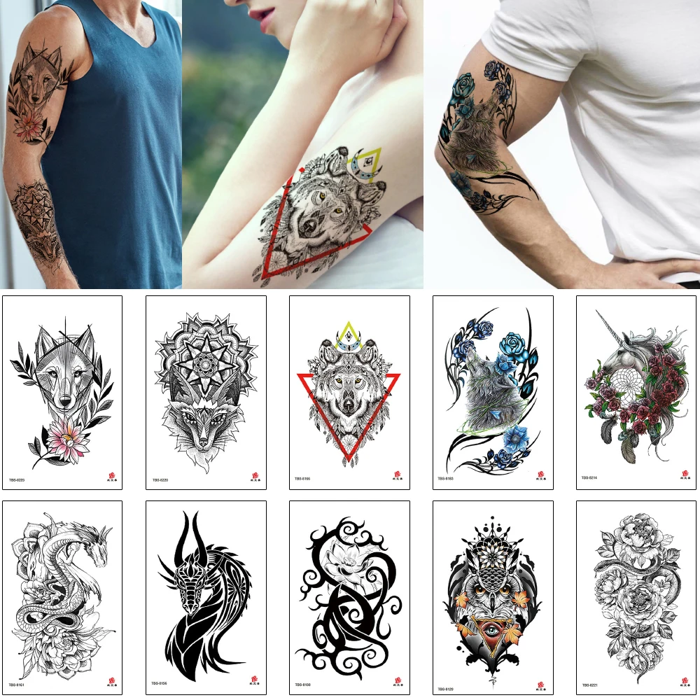 Водостойкая временная татуировка Искусственный Черный волк дракон змея цветок
