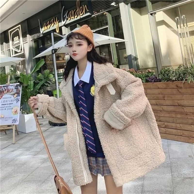 

Jackets Women Harajuku Vintage Thicker Velvet Warm Stand Collar Loose Solid Korean Coat for Womens Ladies with Pockets Daily New