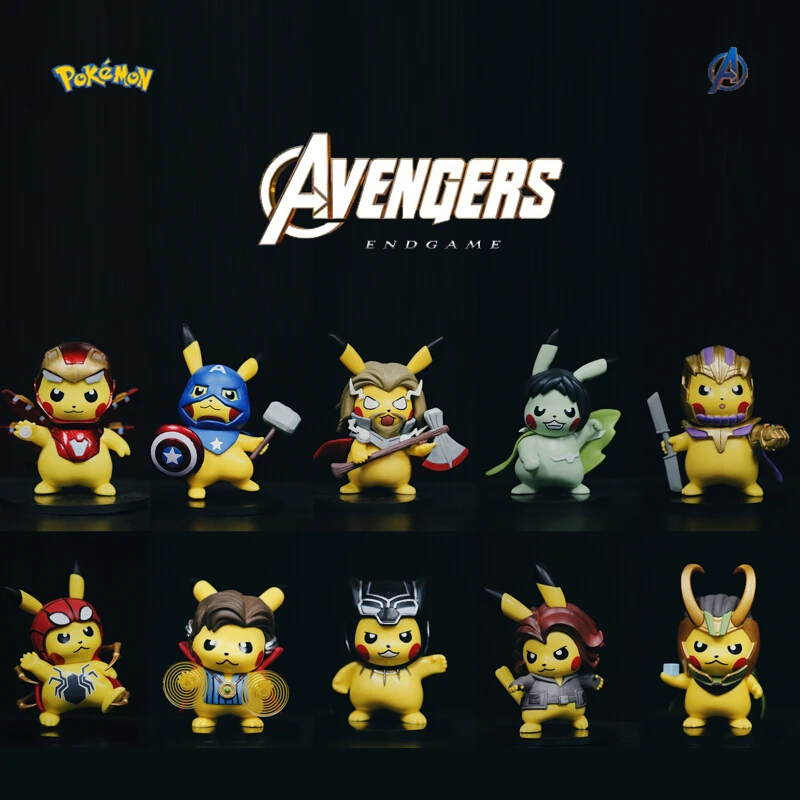 Pokemon toys anime pikachu cos Marvel Avengers hero Iron Man Spiderman Thor Thanos Loki Hulk action figure model kids toys 10CM