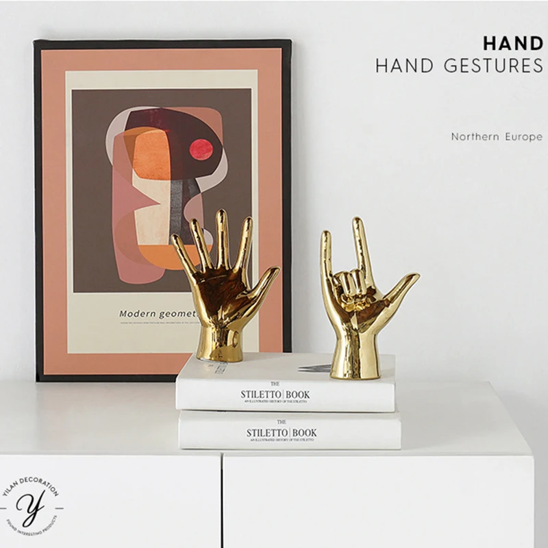 

Modern Resin Golden Finger Figurine Nordic Style Gesture Miniature Figurines Home Living Room Decoration Desktop Interior Statue