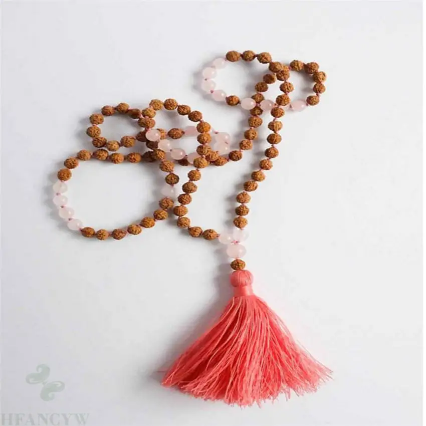 8 мм Rudraksha розовый кристалл драгоценный камень 108 бусины Мала ожерелье монах