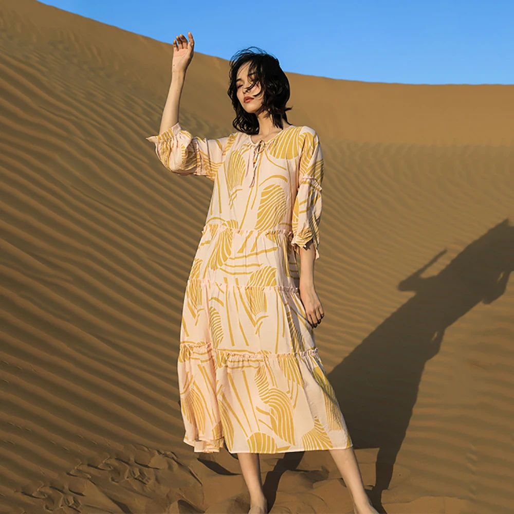 

Super Fairy Beach Skirt Seaside 2021 Summer Vacation French Retro Print Puff Sleeve V-neck Floral Maxi Dresses for Women Female