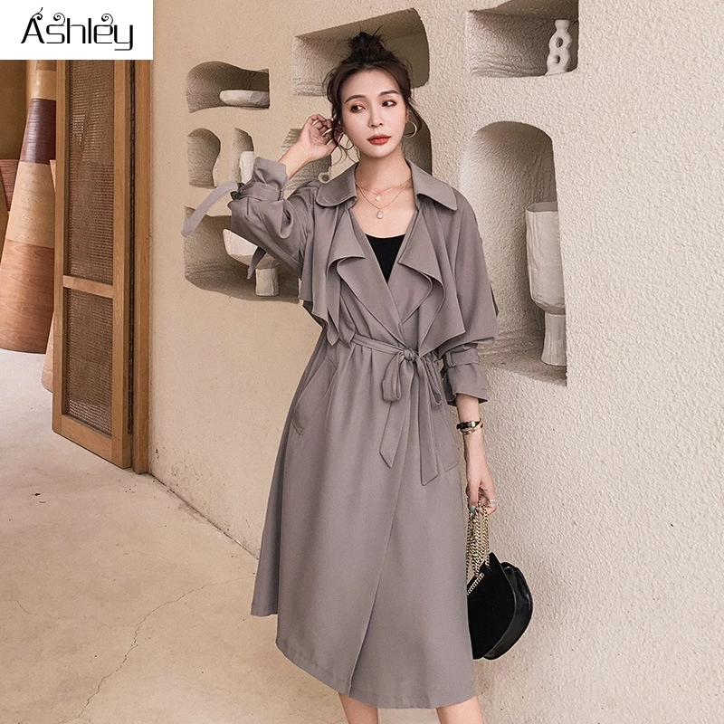 

Ashley Streetwear PU leather trench coats womens Brown autumn winter sashes long coat Notched office ladies pocket outwear 2020