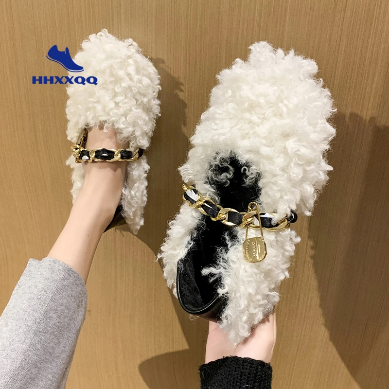 

Loafers Women Warm Moccasins Flat Shoes Metal Chain Ladies Plush Causal Non Slip Woman Shoes Comfortable Flats Female Fashion