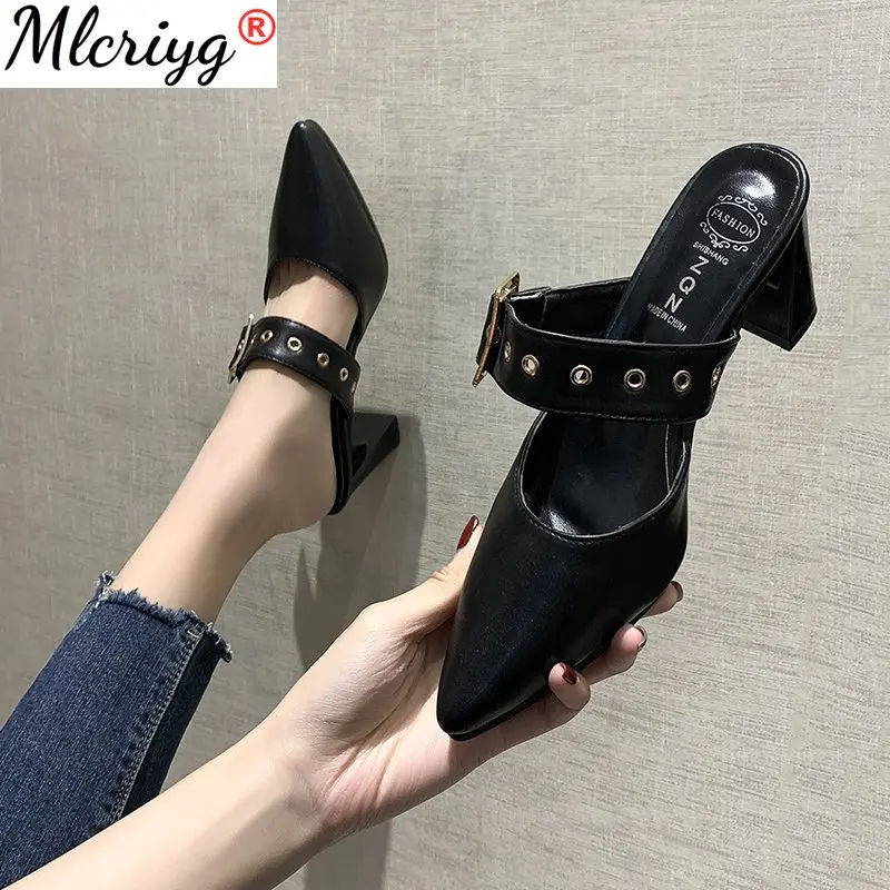 

Baotou Half Slippers Women's 2021 Fashion All-match Belt Buckle Pointed High Heel Retro Mule Shoes Thin Heeled Slippers Sandals